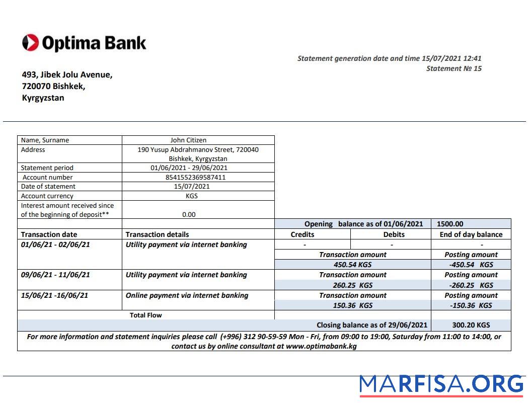 Blank Kyrgyzstan Optima bank statement word download for verification